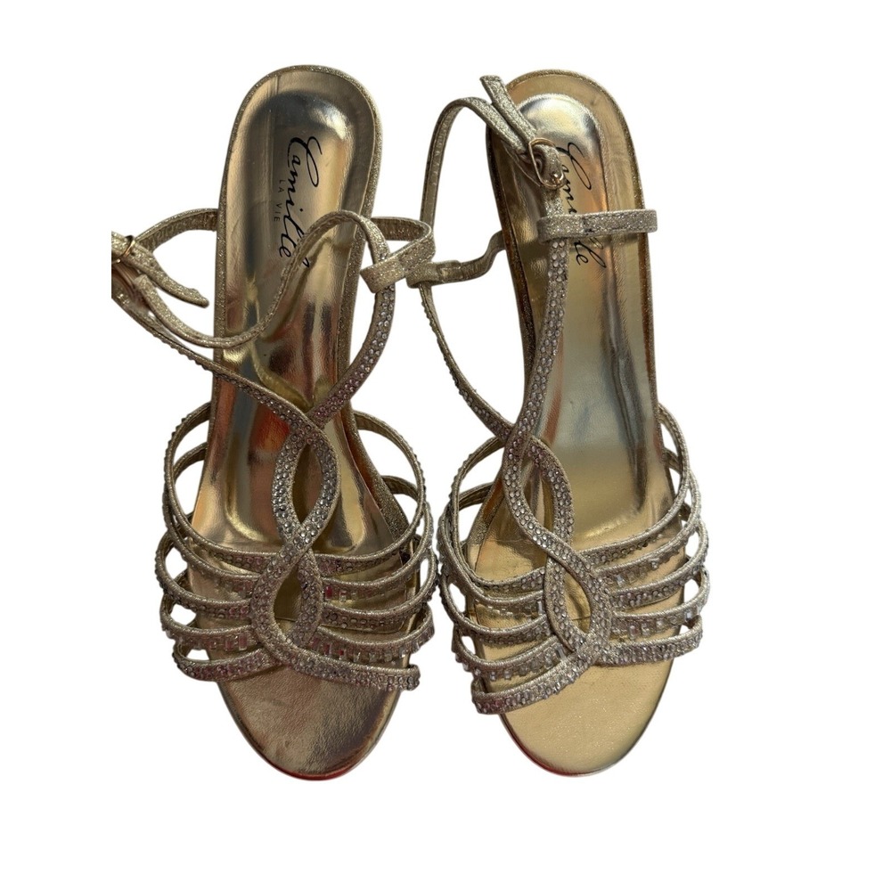 Camille Lavie gold sparkle strappy 3 inch heels